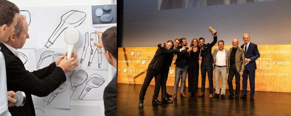凤凰设计室为汉斯格雅进行产品设计（左） 汉斯格雅与凤凰设计室 ，Rainfinity获得2019年iF金奖（右）