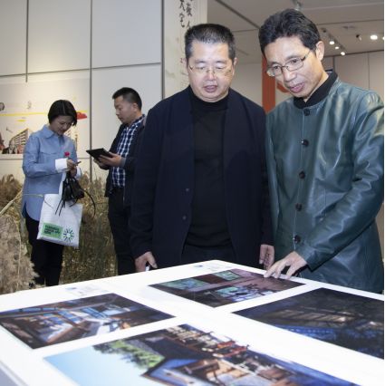 湖南省设计艺术家协会副主席马建成（左一）与鸿扬集团董事长陈忠平（左二）现场观展