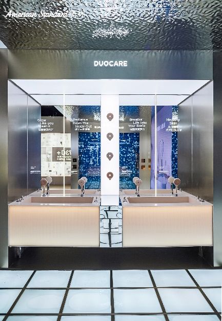 A bathroom with sinks in a glass wall AI-generated content may be incorrect.